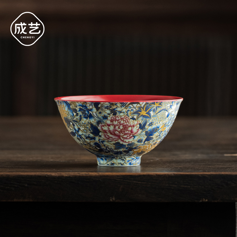 成艺万花银锦大茶碗中国红陶瓷主人杯高端轻奢茶器功夫茶具斗笠杯