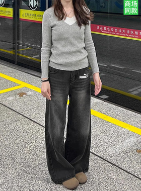 官网奥莱黑灰色直筒牛仔裤女夏季新款大码胖mm宽松显瘦高腰阔腿裤