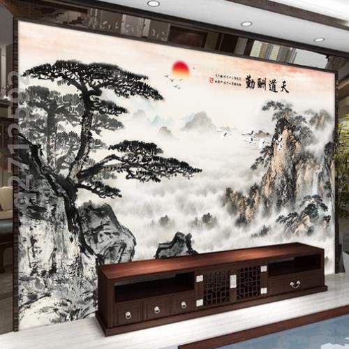 客厅年画!仿古壁画一整张中式自山水画贴画背景墙电视粘墙纸贴纸