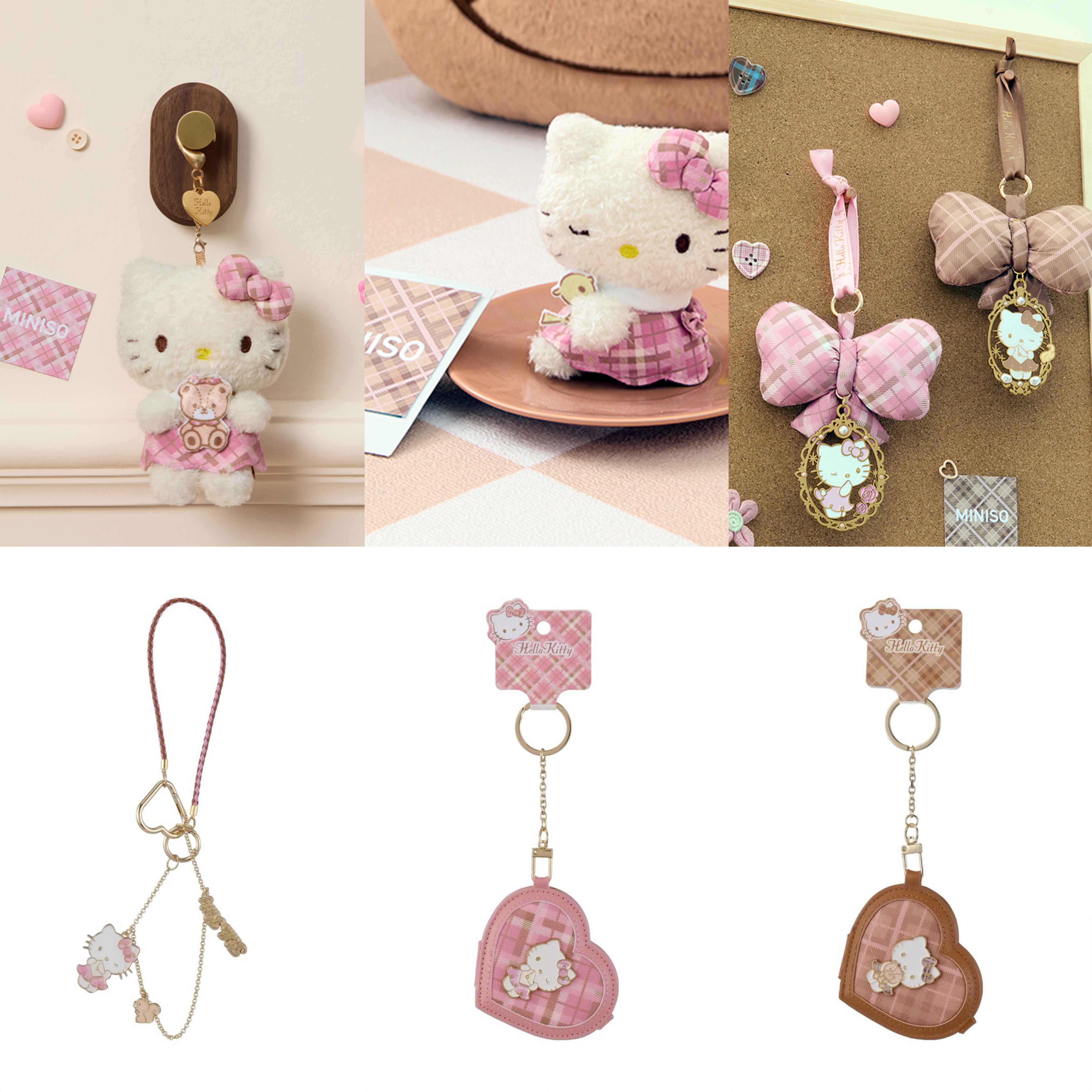 三丽鸥家族复古格纹系列蝴蝶结镜子金属抱熊挂件 名创优品MINISO