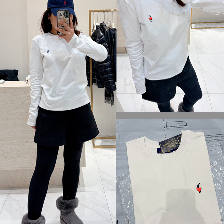 小马刺绣圆领长袖白色打底T恤衫