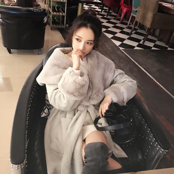 vivi S家大翻領系帶收腰慵懶寬松純色保暖毛絨外套皮草大衣女冬