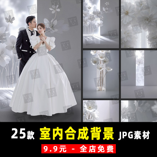 薇拉AI室内白树绸缎花拱门婚纱SD合成背景PS设计JPG素材模板 K972