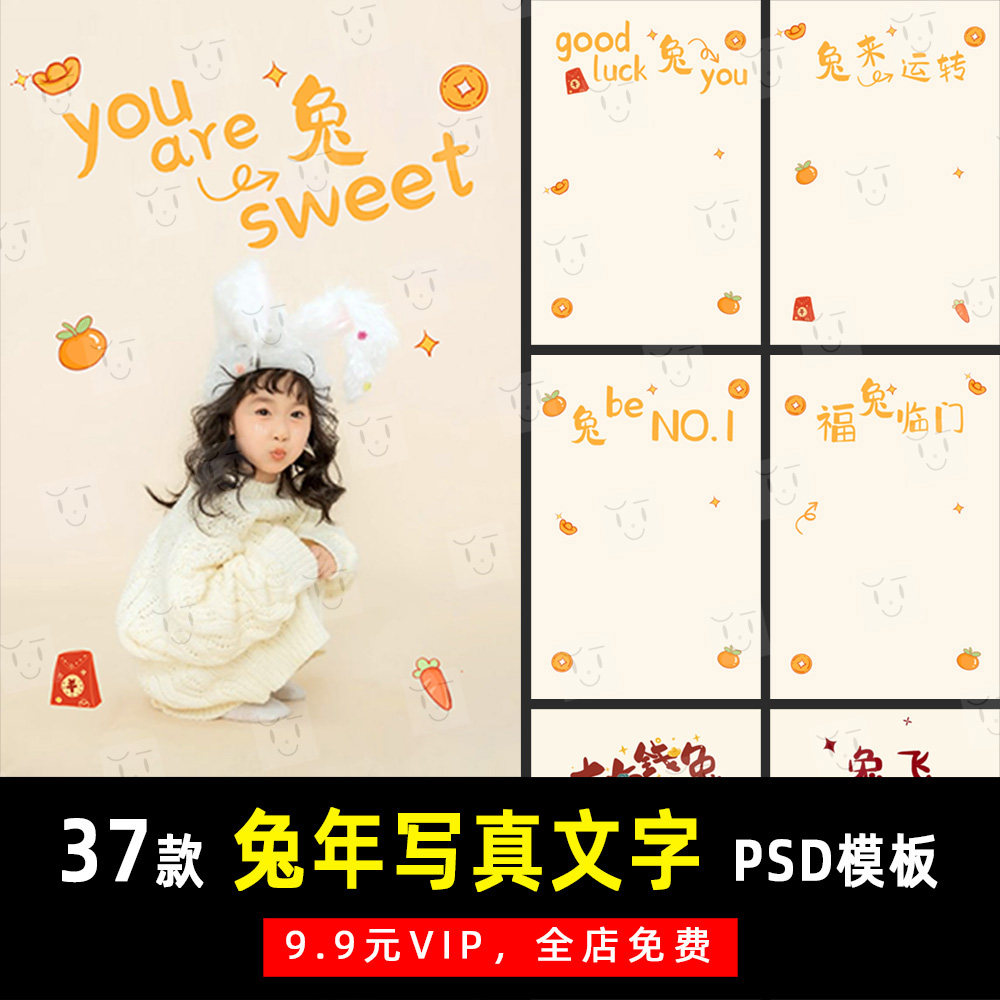 简约兔年春节元旦写真psd文字模板素材影楼后期单片设计排版 k561