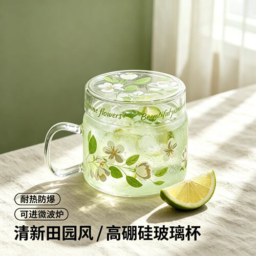 小枝荨高硼硅玻璃杯耐高温女生高颜值水杯家用带把手杯子带盖