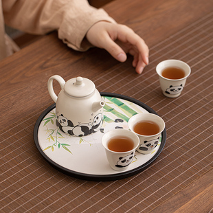 家用酒店单人泡茶一壶三杯干泡茶盘台草木灰 熊猫功夫茶具小套装
