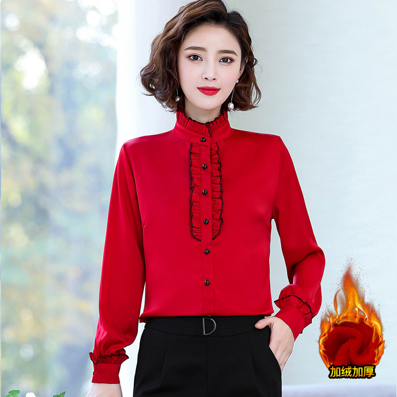 木耳领雪纺衬衫女长袖气质2020秋冬新款加厚上衣打底保暖加绒衬衣
