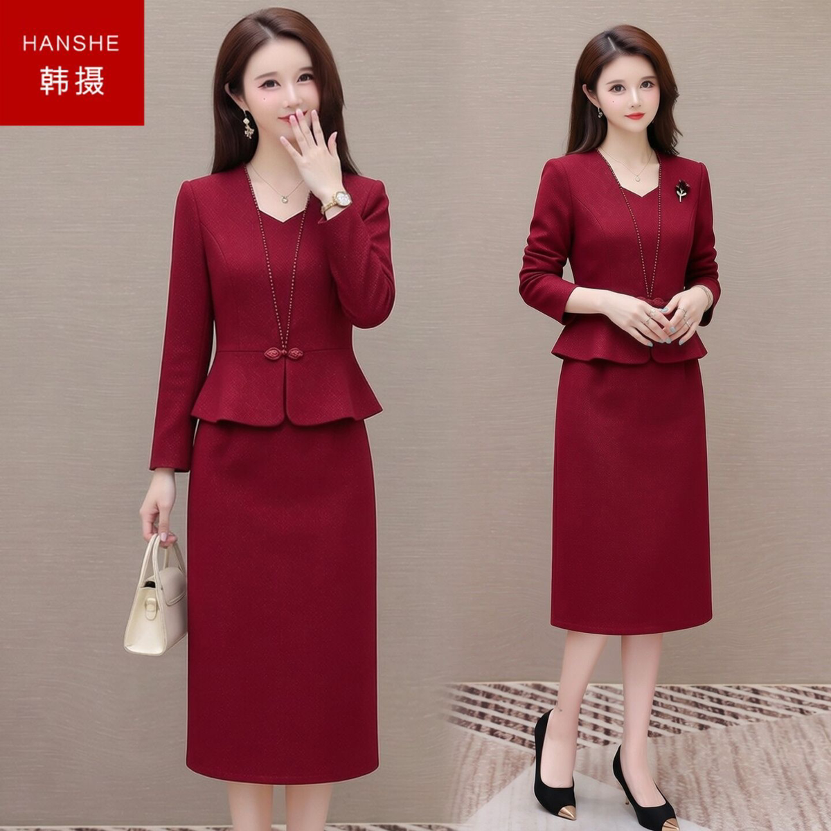 韩摄2026秋冬新款优雅气质时尚收腰修身显瘦婚宴妈妈装礼服连衣裙