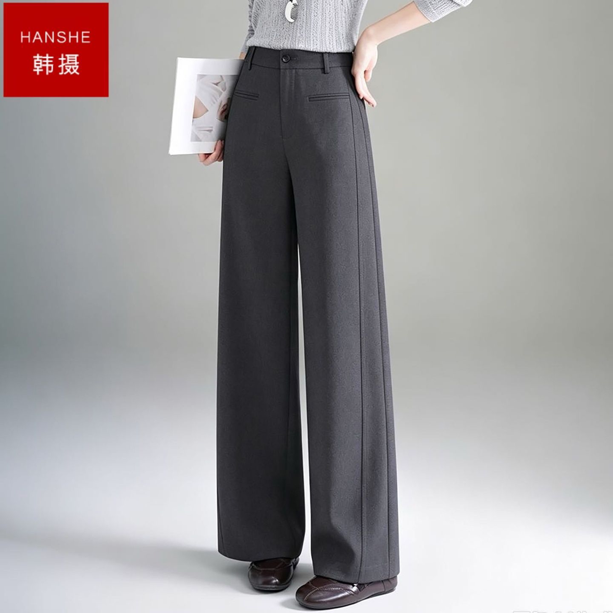 韩摄秋季基础百搭休闲裤女宽松直筒高腰设计日常逛街通勤耐看长裤