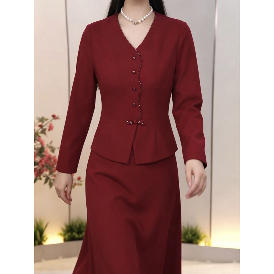 2026秋季新款简约减龄显瘦裙子木雅精纺时尚假两件喜婆婆礼服裙女