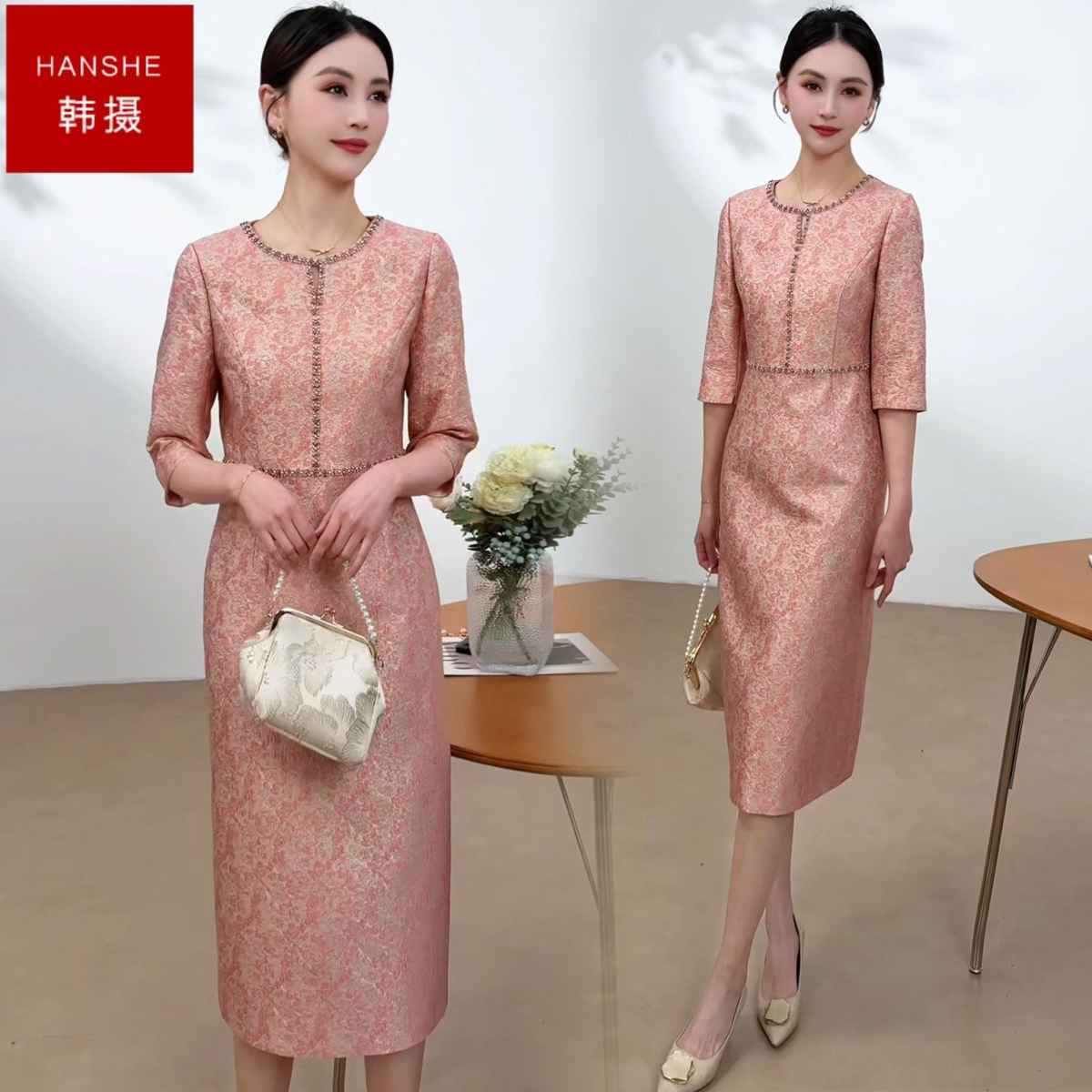 韩摄淑女粉色连衣裙2026秋季新款显瘦气质温柔连衣裙中长款裙子潮