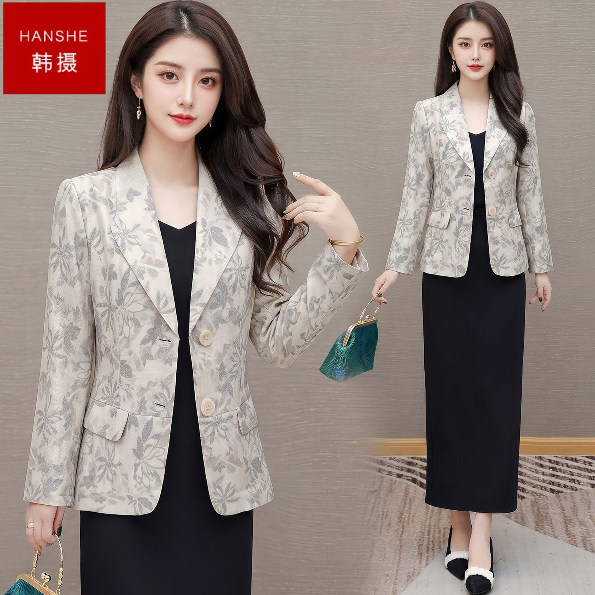 韩摄气质印花西装外套2026秋季新款女士显瘦修身百搭洋气时尚上衣