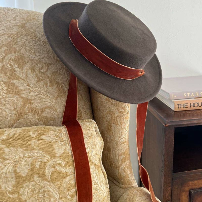 秋冬日牌复古甜美百搭丝带系脖蝴蝶结羊毛浅顶平顶帽礼帽带发梳女