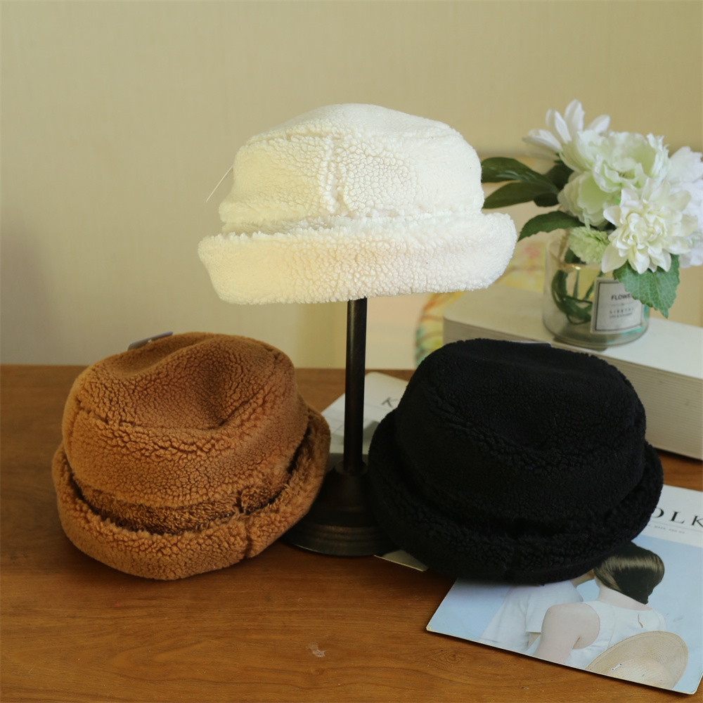 冬日本新款纯色羊羔绒保暖冬帽雷锋帽毛绒绒可爱森系盆帽女渔夫帽