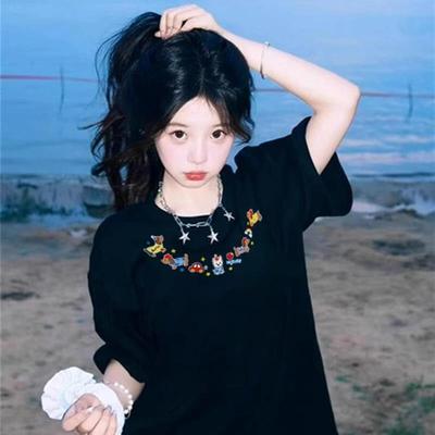 美式复古卡通纯棉初中生短袖t恤女夏2025新款学生宽松慵懒风上衣