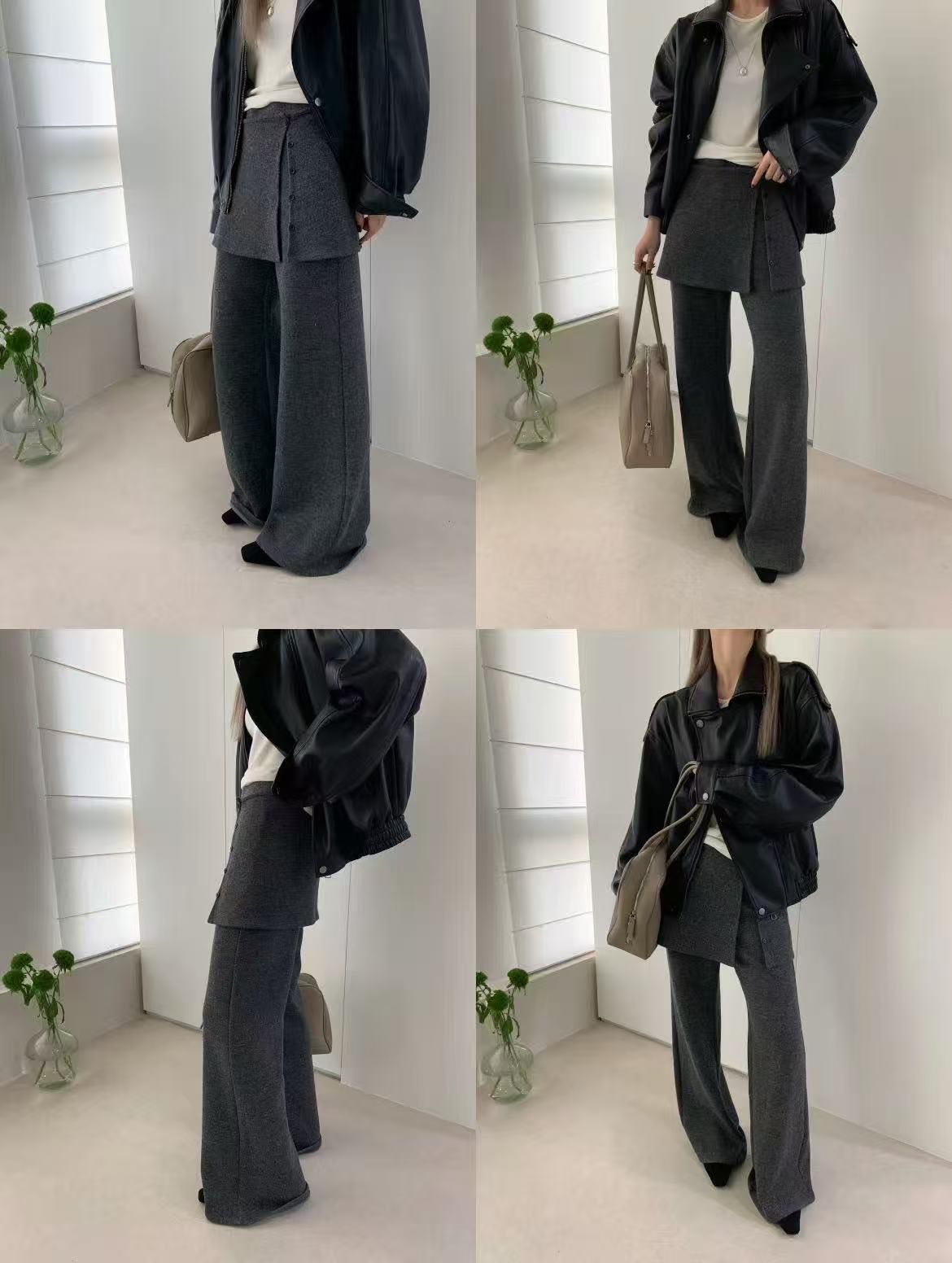 Olive2025冬韩设计感高品质高腰显瘦一排扣羊毛直筒阔腿裤屁帘裤