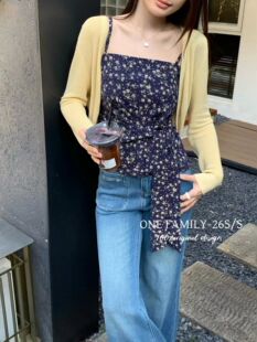 One Family2025春装新针织开衫温柔风显瘦系带碎花吊带背心两件套