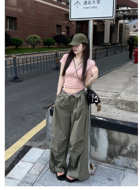 PULLY2026夏季新款韩版休闲设计感U领面膜T拼色翻边显瘦工装裤女