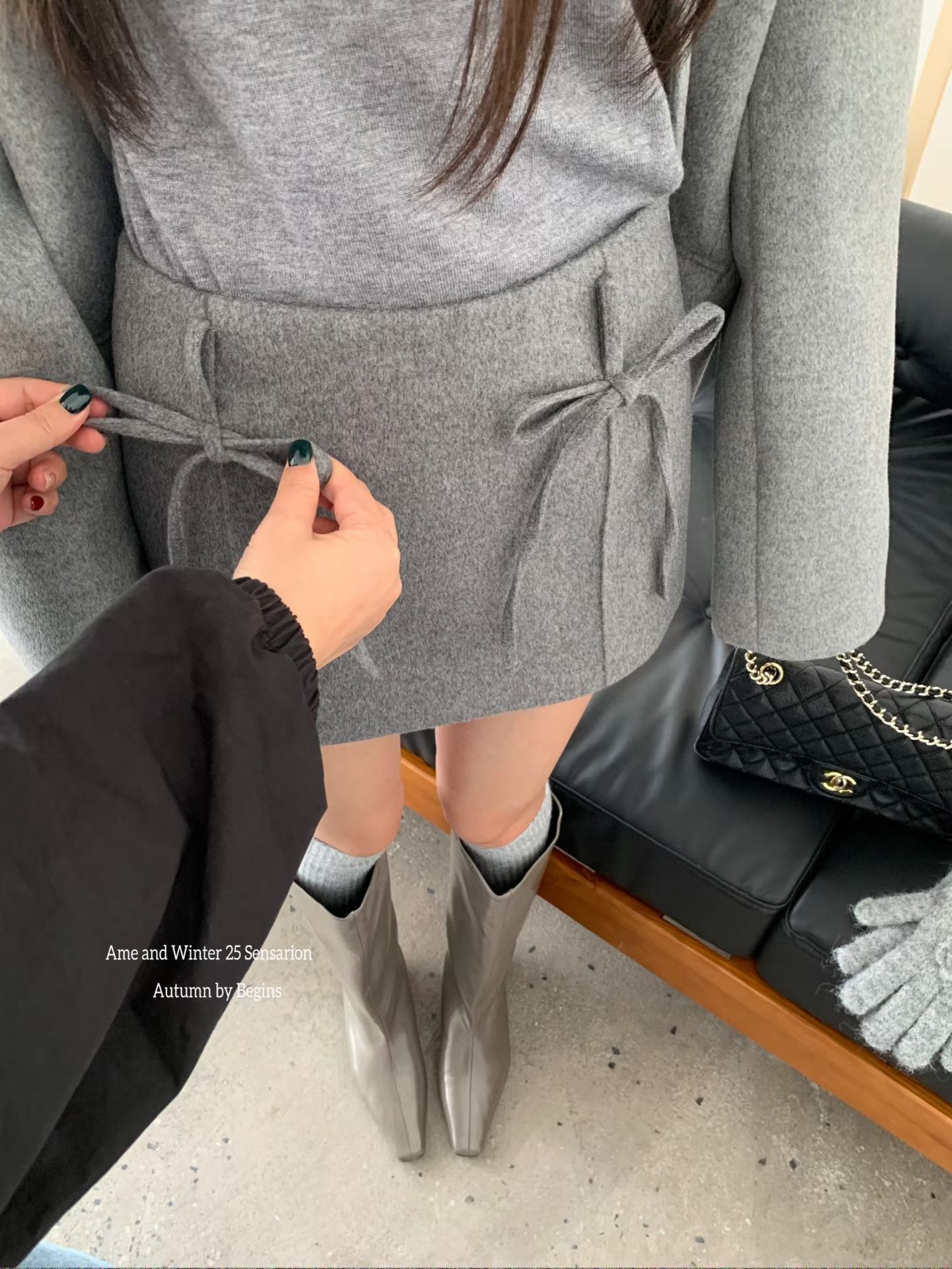 AME2025冬款甜美气质高腰显瘦加厚双面羊毛蝴蝶结半身裙A字裙女