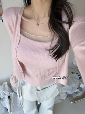 WEME2026春季新款韩版气质拼纱吊带背心针织显瘦开衫2件套上衣女