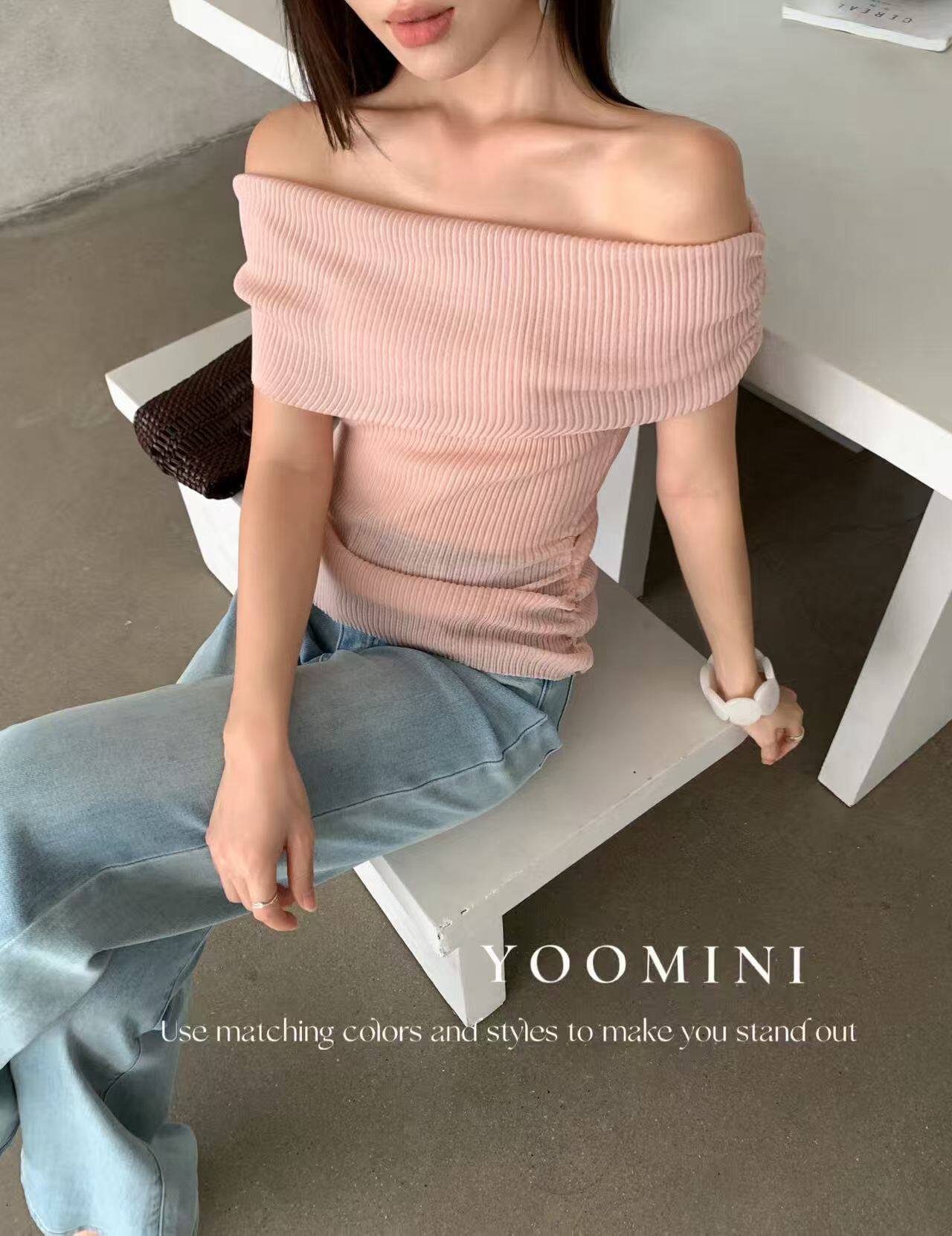 YOOMINI2026夏季新韩版气质氛围感一字肩短袖针织衫修身显瘦上衣