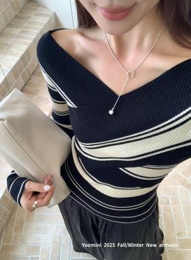 Yoomini2025秋冬新款韩版高品质交叉设计一字肩针织衫上衣打底衫