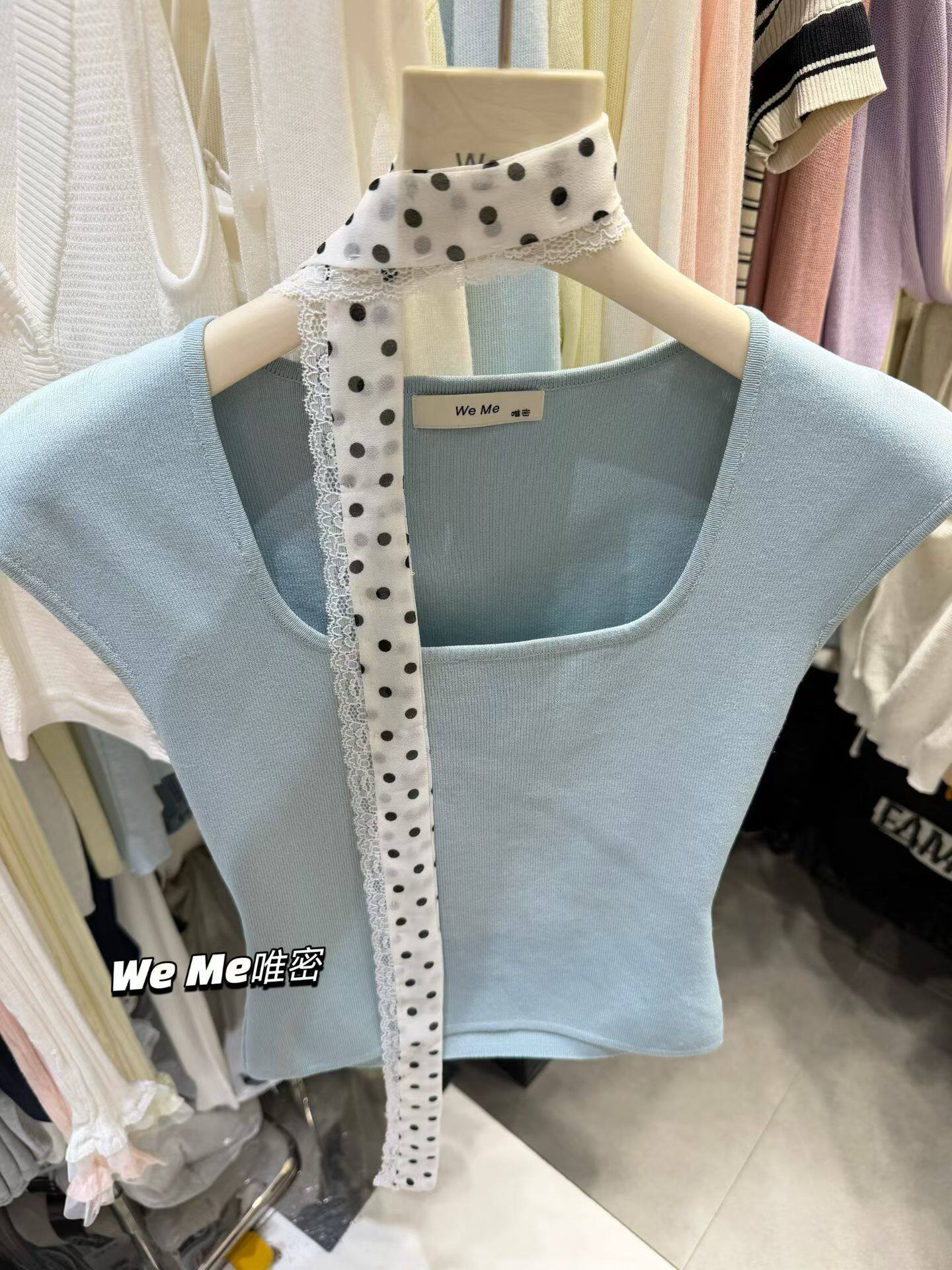 2026春夏新韩版纯欲气质冰丝方领配波点丝巾针织衫短袖显瘦上衣