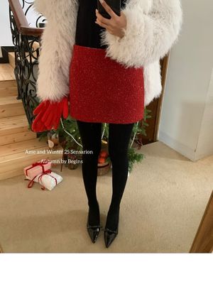 AME2025冬季新韩版高品质加厚亮丝羊毛呢A字裙包臀新年红色半身裙