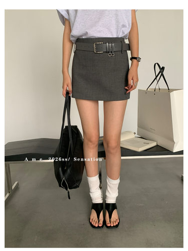 AME2026春夏新款韩版气质高腰显瘦配皮带西装半身裙A字裙包臀裙