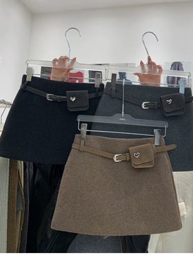AME2025冬高品质加厚毛呢半身裙女配爱心腰包皮带百搭半身裙A字裙