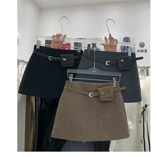 AME2025冬高品质加厚毛呢半身裙女配爱心腰包皮带百搭半身裙A字裙