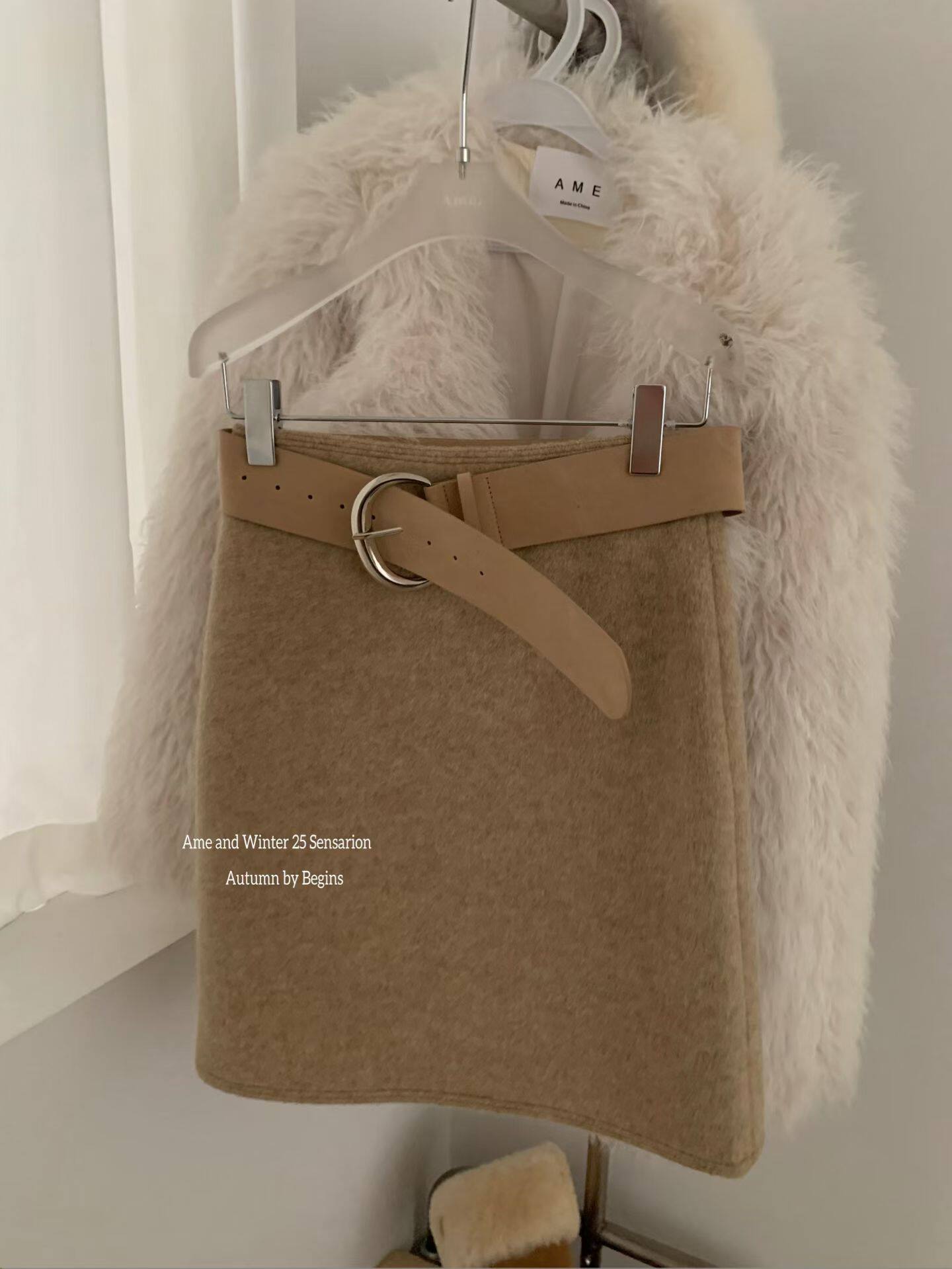 AME2025新款冬季高品质气质修身显瘦配皮带百搭A字裙半身裙中长裙