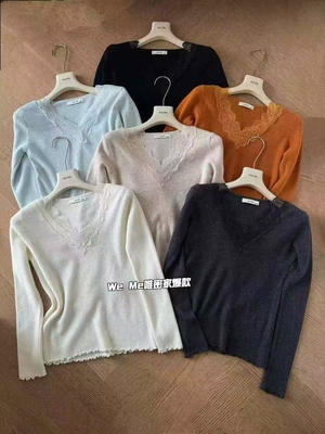 WEME2025秋冬新款高品质加厚蕾丝拼接V领显瘦百搭纯欲针织衫上衣