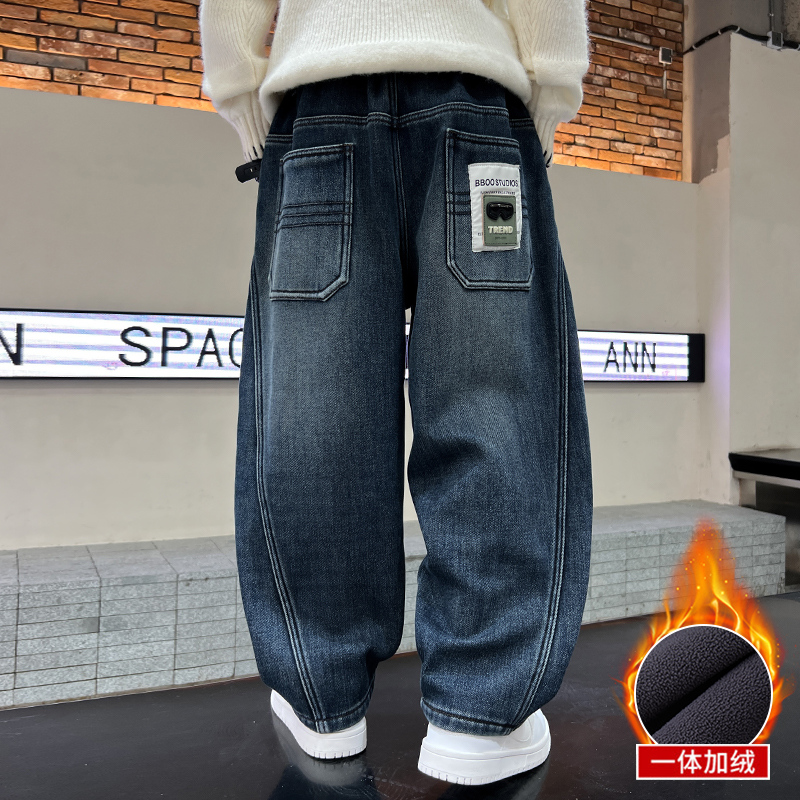 儿童牛仔裤春秋冬新款男童加绒裤子中大童长裤直筒韩版加厚男孩潮
