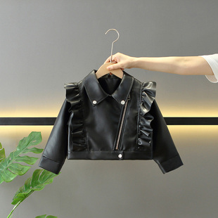 女童时髦皮衣2025秋季新款儿童洋气翻领花边拼接长袖短款外套夹克