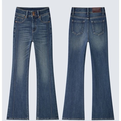 高腰弹力加绒喇叭裤女2025冬季新款显瘦四面弹力设计感微喇牛仔裤