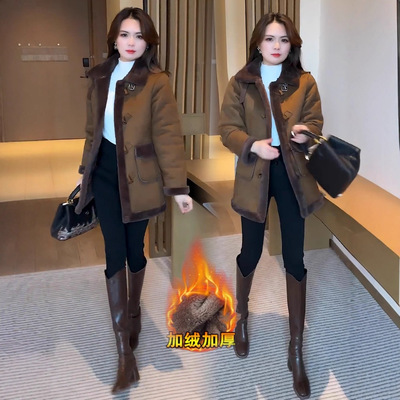 时尚加绒加厚麂皮绒外套女冬季新款洋气中长款保暖皮毛一体大衣潮