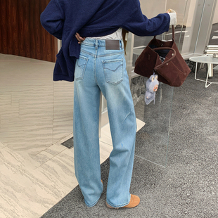 女宽松阔腿牛仔裤 CKLY2739斯卡洛依jeans加绒加厚弯刀裤 现货