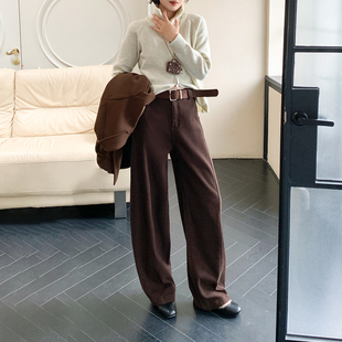 【现货】CKLY66778斯卡洛依咖啡色加绒弯刀裤女冬宽松阔腿牛仔裤