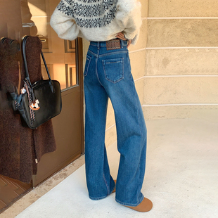 【现货】CKLY66839斯卡洛依加绒加厚直筒牛仔裤冬高腰窄版阔腿裤