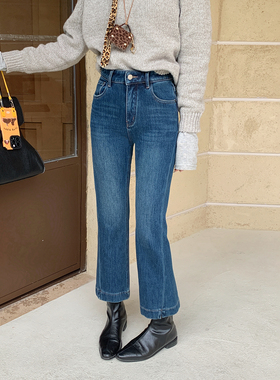 CKLY2717斯卡洛依加绒加厚九分微喇牛仔裤女冬季高弹小个子喇叭裤