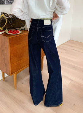 CKLY66895斯卡洛依藏青色直筒微喇牛仔裤女高腰四面弹深蓝色筒喇