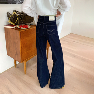 CKLY66895斯卡洛依藏青色直筒微喇牛仔裤女高腰四面弹深蓝色筒喇