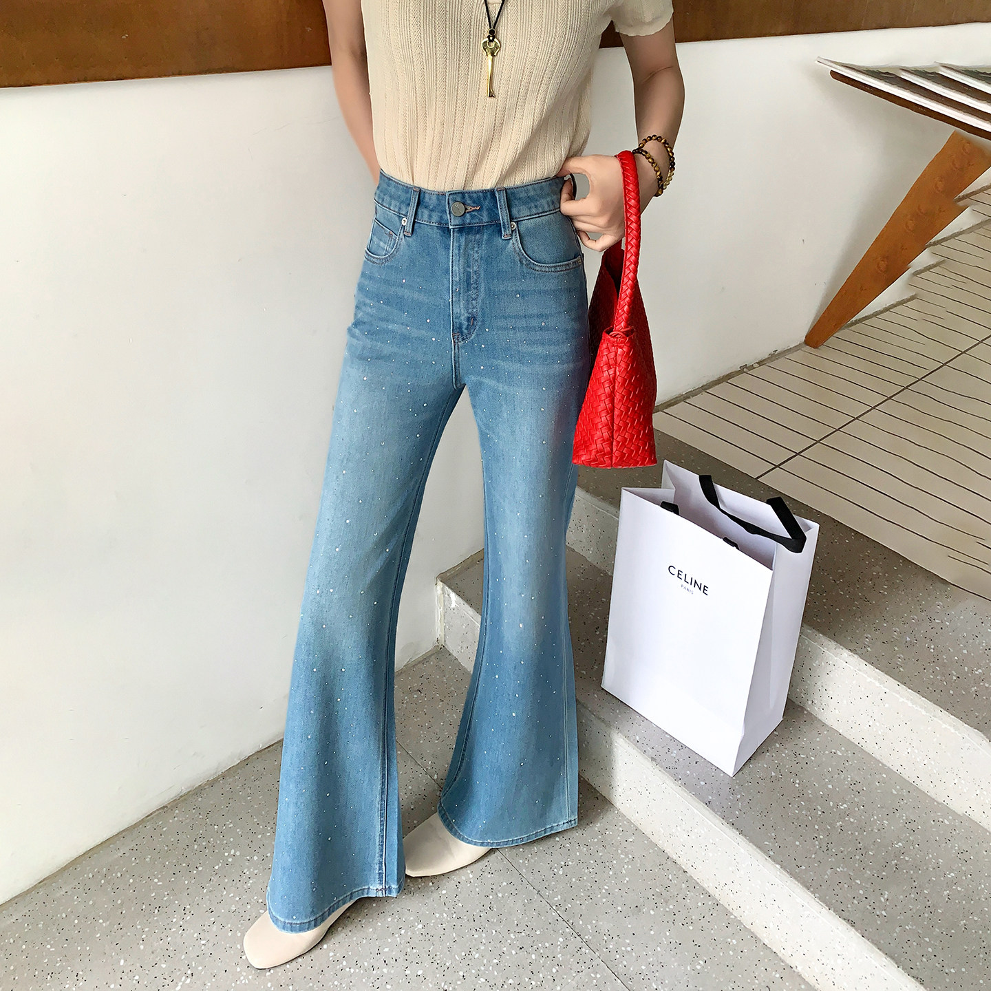 CKLY66909斯卡洛依烫钻直筒微喇牛仔裤女2026春满天星不贴腿筒喇