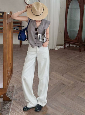 【现货】CKLY2372斯卡洛依弯刀裤阔腿裤女秋米白色宽松拖地牛仔裤