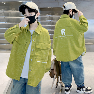 中大童春秋韩版 外套2025新款 宽松休闲绿色翻领潮 衬衫 男童牛仔长袖