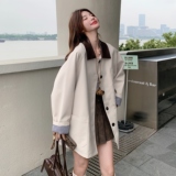 韩版卡其色翻领风衣外套女2025春秋季新款复古撞色学院风减龄上衣，女装风衣，2C033