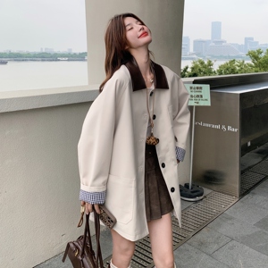 韩版卡其色翻领风衣外套女2025春秋季新款复古撞色学院风减龄上衣图片