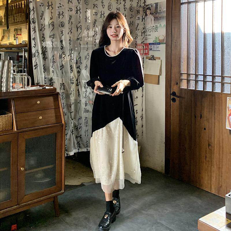 黑色丝绒亮片拼接网纱连衣裙女早春2025年新款法式复古高级感长裙,女装连衣裙,2C033
