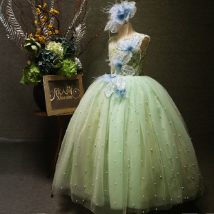 绿色女童六一主持演出聚会拍摄长款蓬蓬裙礼服